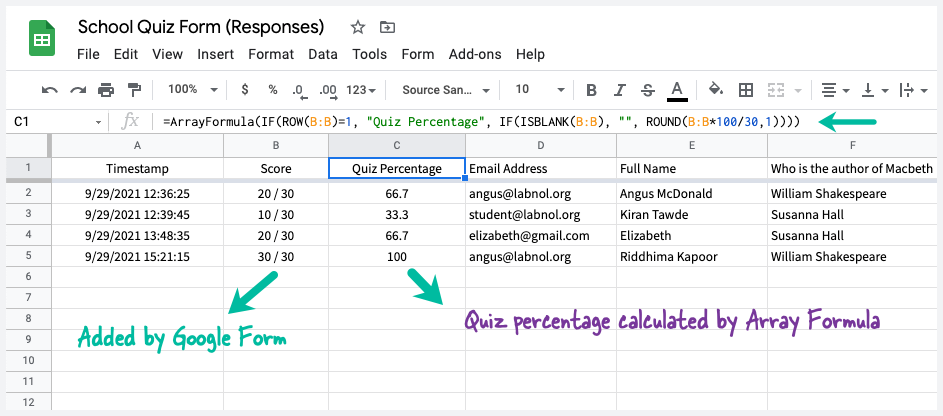 Google Forms Quiz Score