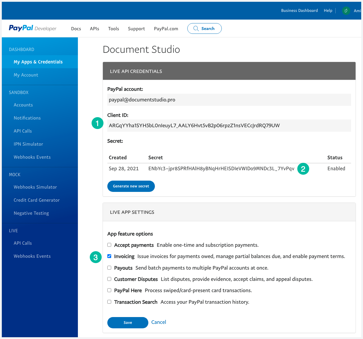 PayPal Developer Dashboard