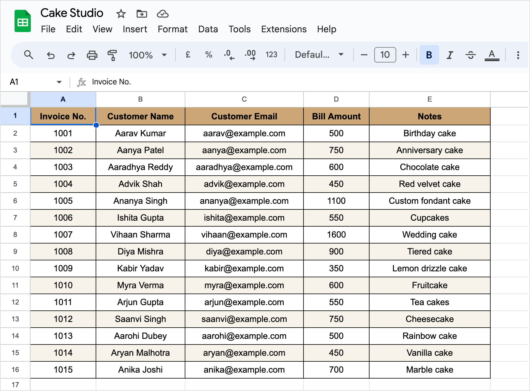 Order details on Google Sheets